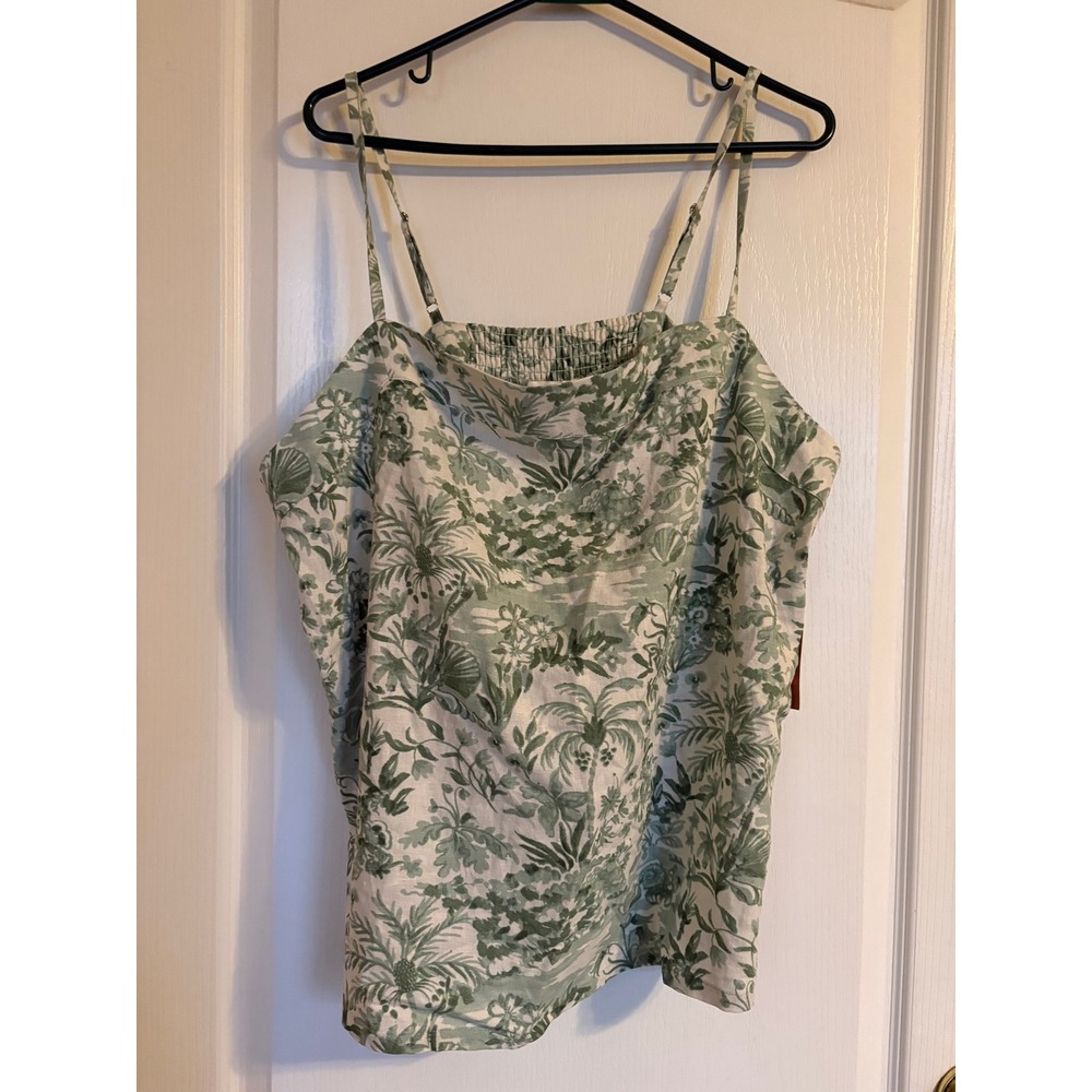 State of Day Green Toile Linen Blend Camisole Top XXL Tropical Palm Print‎ NWT